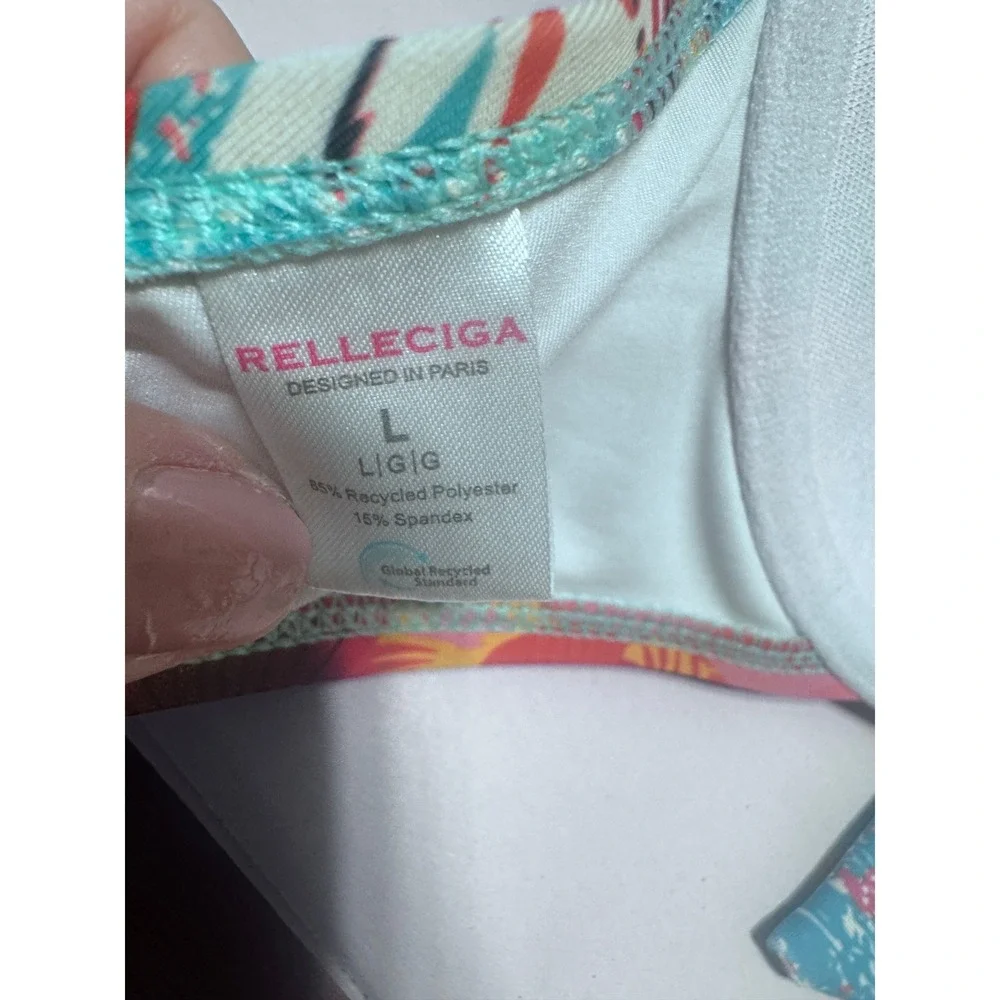 Relleciga Pink Tropical Floral Halter Bikini Top Padded Front Knot Swimwear L